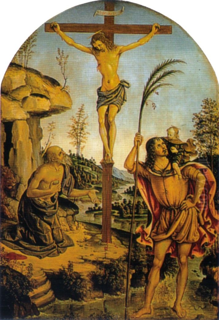 Crucifixion between Sts. Jerome and Christopher Oil Painting by Pinturicchio
