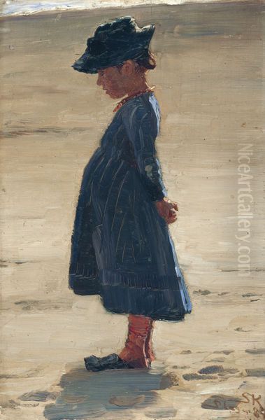 Lille pige staende pa Skagen Sonderstrand Oil Painting by Peder Severin Kroyer