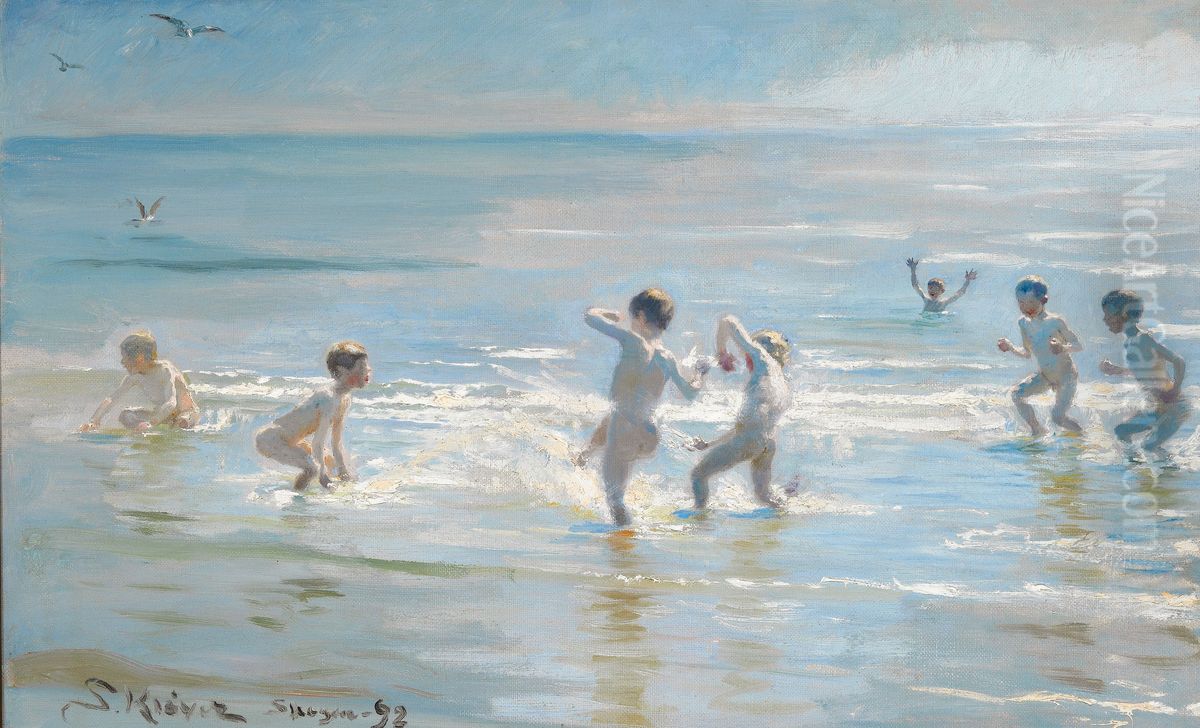 Boys bathing on a summer evening at Skagen Beach Oil Painting by Peder Severin Kroyer