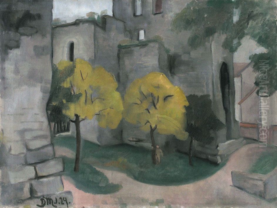 Visby - Yellow trees in front of ruins Oil Painting by unknown