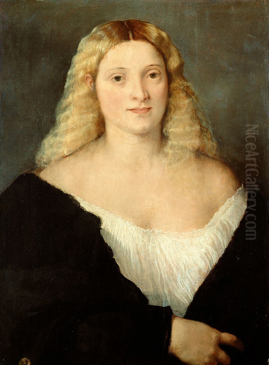 Junge Frau in schwarzem Kleid Oil Painting by Titian