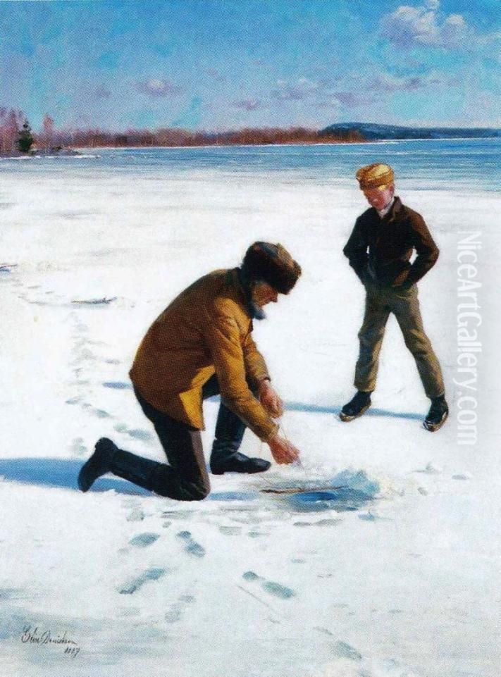 Talvikalastajia Oil Painting by Elin Danielson-Gambogi