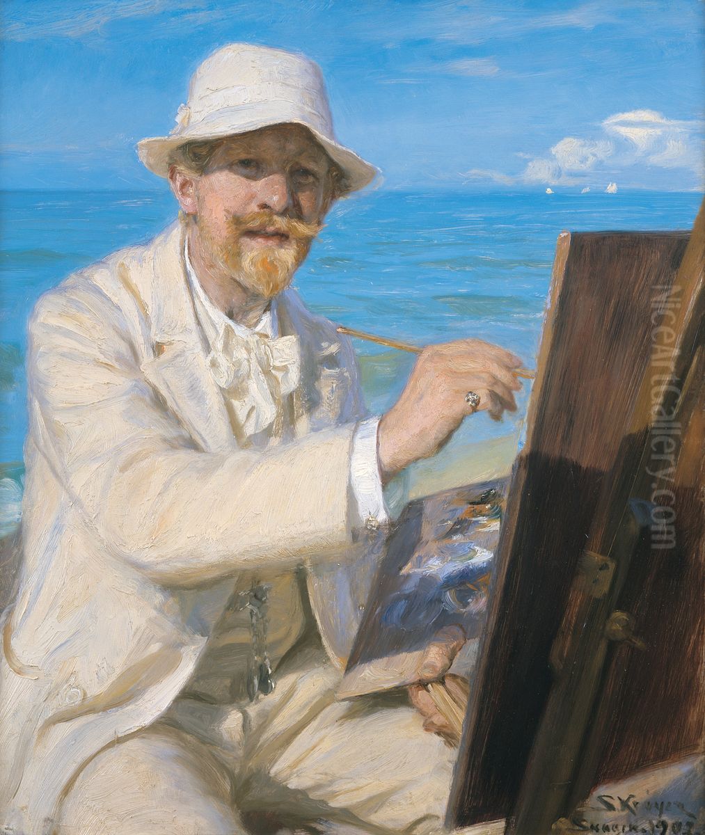 Self-Portrait, Sitting by His Easel at Skagen Beach Oil Painting by Peder Severin Kroyer