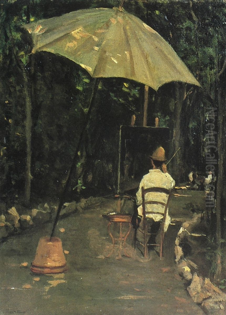 The painter Tommasi painting in the garden Oil Painting by Silvestro Lega