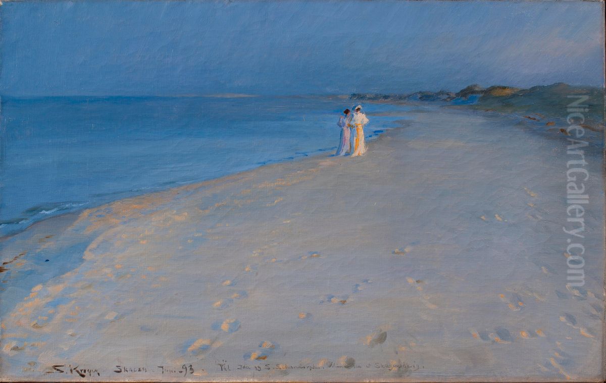 Summer evening at the South beach, Skagen. Anna Ancher and Marie Kroyer Oil Painting by Peder Severin Kroyer