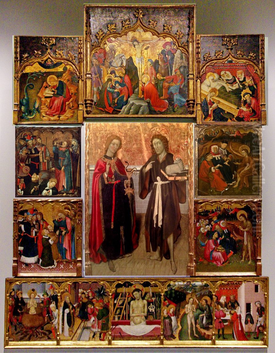 Retaule dels sants Joans. Foto-muntatge amb totes les taules avui disperses Oil Painting by Bernat Martorell