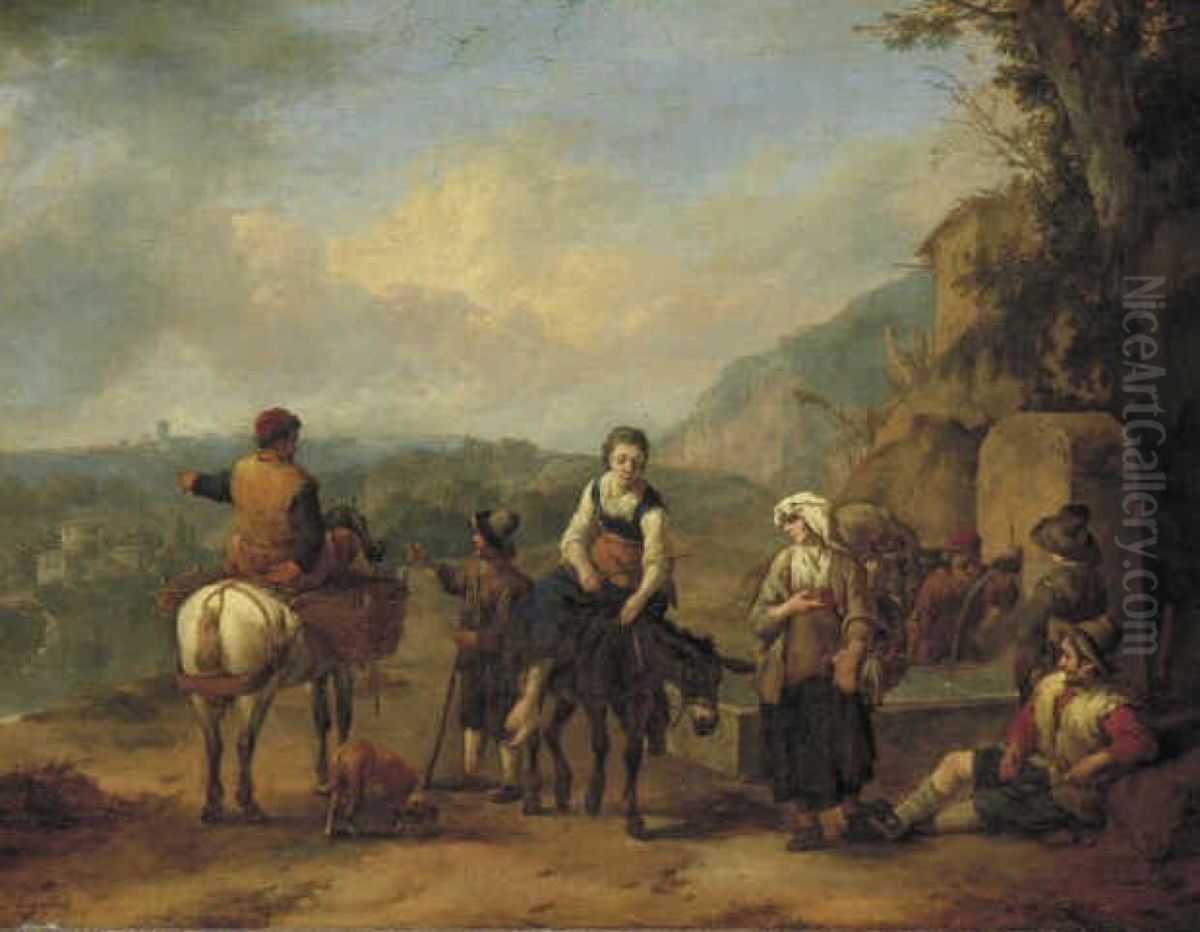 Landvolk bij een bron Oil Painting by Johannes Lingelbach