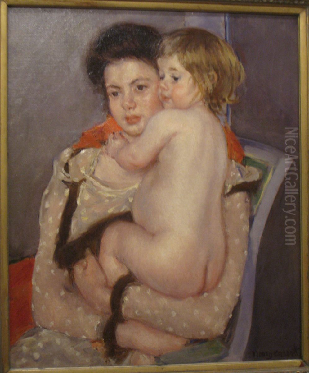 Reine LeFebvre Holding a Nude Baby Oil Painting by Mary Cassatt