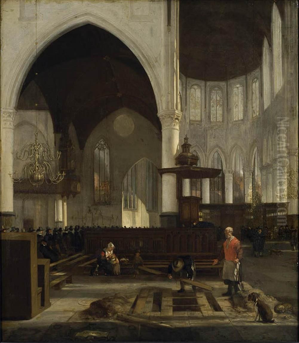Interior of the Oude Kerk  in Amsterdam Oil Painting by Emanuel de Witte