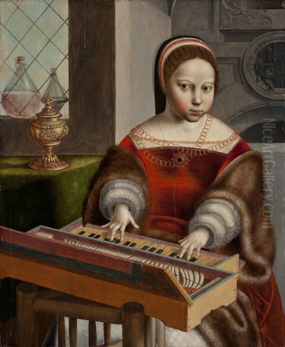 Young Woman Playing a Clavichord Oil Painting by Jan Sanders Van Hemessen