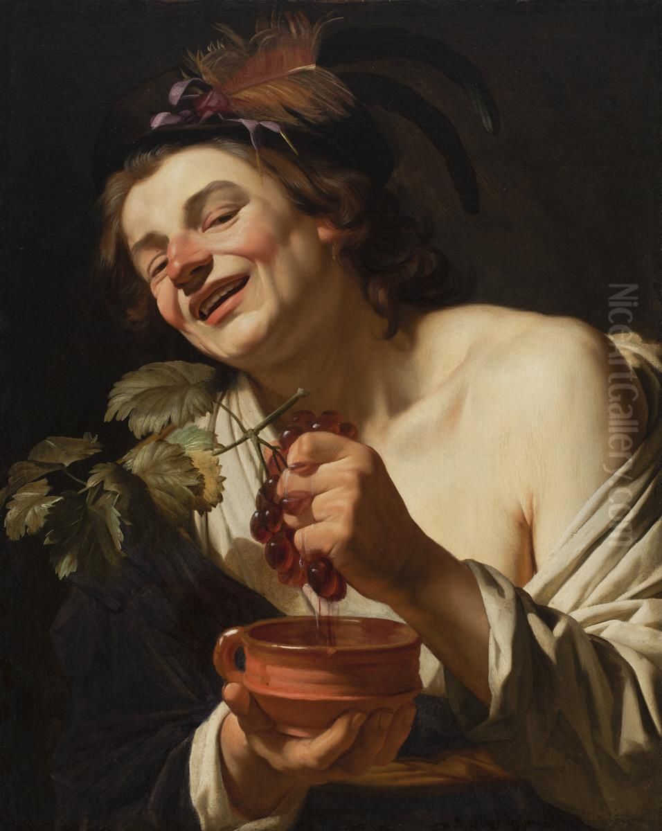 Smiling Young Man Squeezing Grapes Oil Painting by Gerard van Honthorst