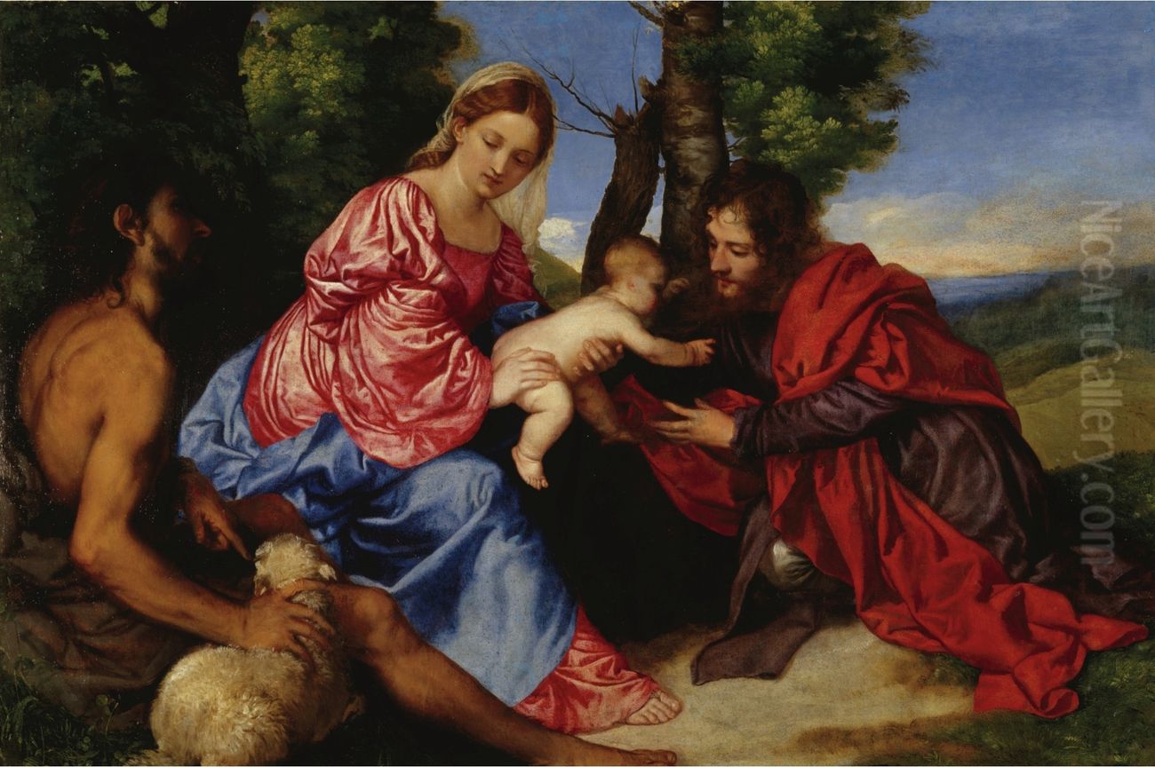 The Virgin and Child with St John the Baptist and an Unidentified Saint Oil Painting by Titian