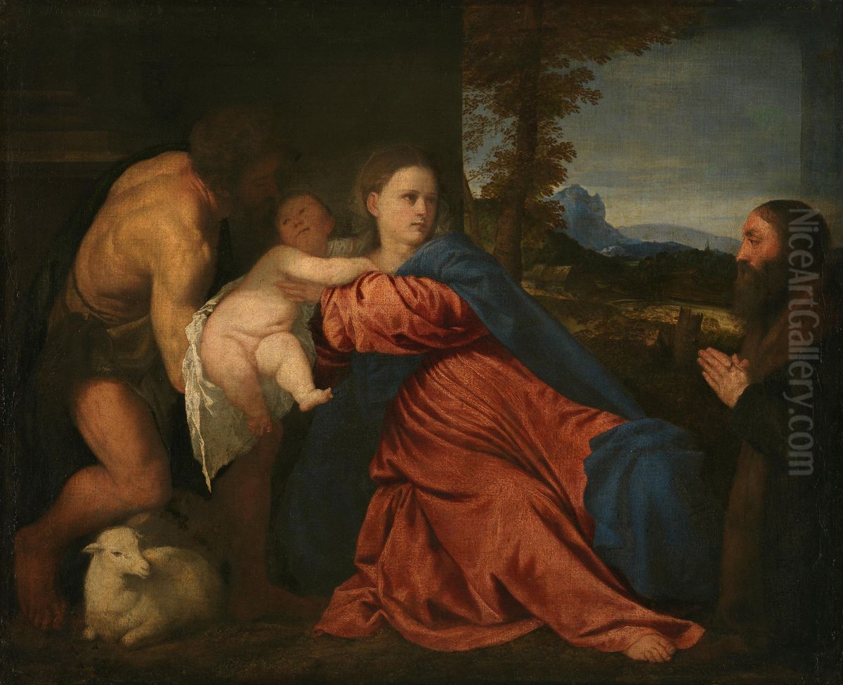 Maria mit Kind, Johannes dem Taufer und einem Stifter Oil Painting by Titianand workshop