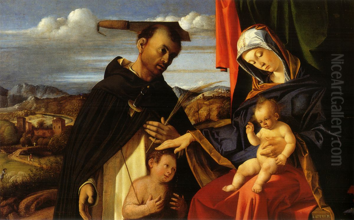Madonna and Child with the Young St John the Baptist and St Peter Martyr Oil Painting by Lorenzo Lotto