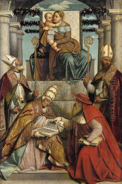 Virgin and Child Enthroned with the Four Fathers of the Latin Church Oil Painting by Alessandro Bonvicino (Moretto da Brescia)