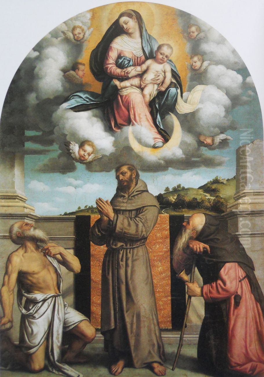 Madonna and Child in Glory with Saints Jerome, Francis of Assisi, and Anthony Abbot Oil Painting by Alessandro Bonvicino (Moretto da Brescia)