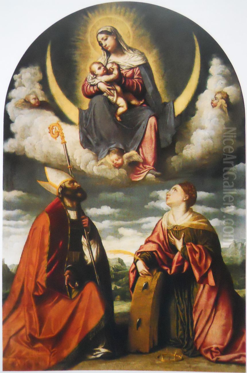 Madonna with child in glory with Saints Martin and Catherine Oil Painting by Alessandro Bonvicino (Moretto da Brescia)