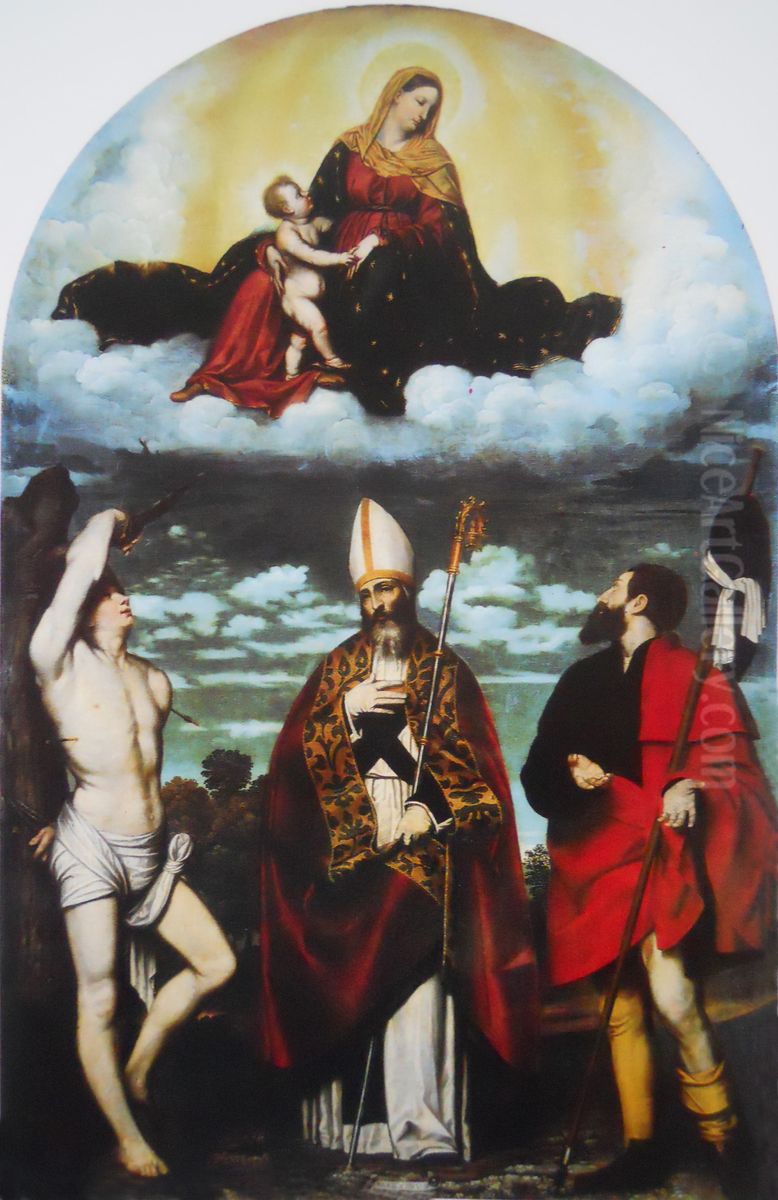 Madonna with child in glory with Saints Roch, Martin, and Sebastian Oil Painting by Alessandro Bonvicino (Moretto da Brescia)