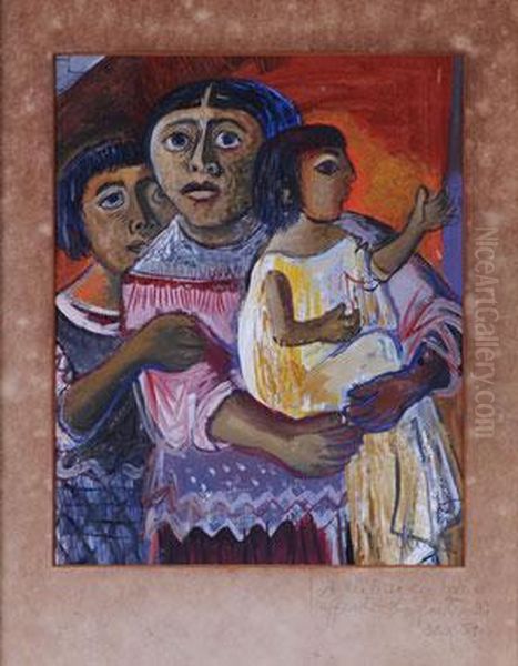 Dos Cholas Con Nino Oil Painting by Gertrudis Chale