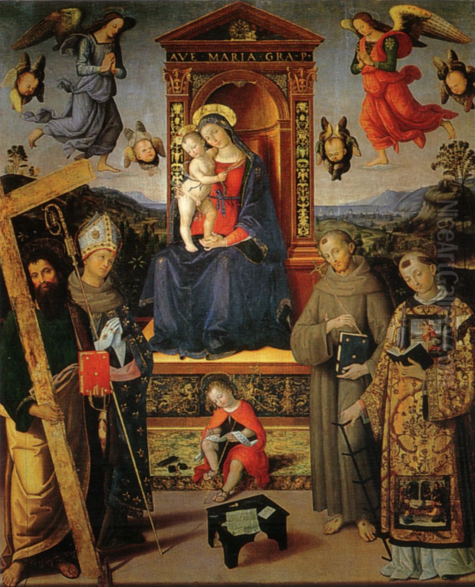 Madonna enthroned with child and saints Oil Painting by Pinturicchio