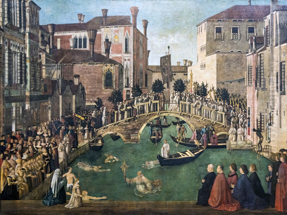 Das Kreuzeswunder auf der Brucke von San LorenzoEnglish:Miracle of the Cross at the Bridge of San LorenzoFrancais:Le miracle de la croix auponte San LorenzoItaliano:Miracolo della croce al ponte di San Lorenzo Oil Painting by Gentile Bellini