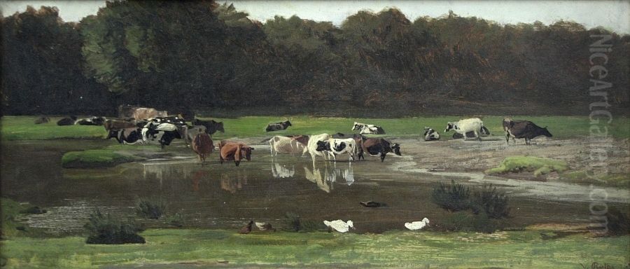 Cows at the watering place Oil Painting by Valentin Ruths