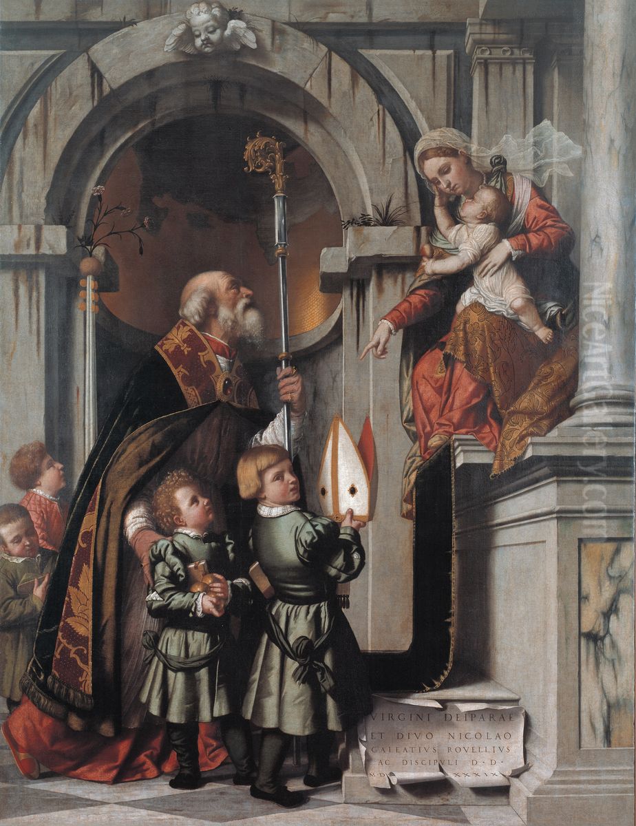 St Nicholas of Bari presents the Rovelli students to Madonna and Child Oil Painting by Alessandro Bonvicino (Moretto da Brescia)