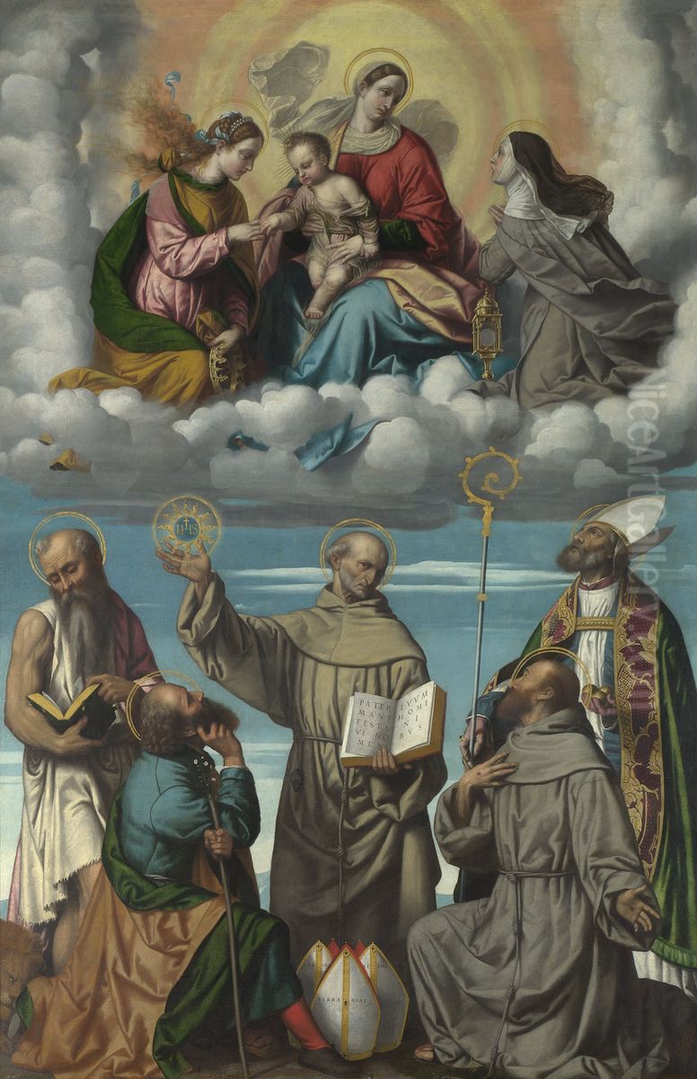 The Virgin and Child with Saint Bernardino and Other Saints Oil Painting by Alessandro Bonvicino (Moretto da Brescia)