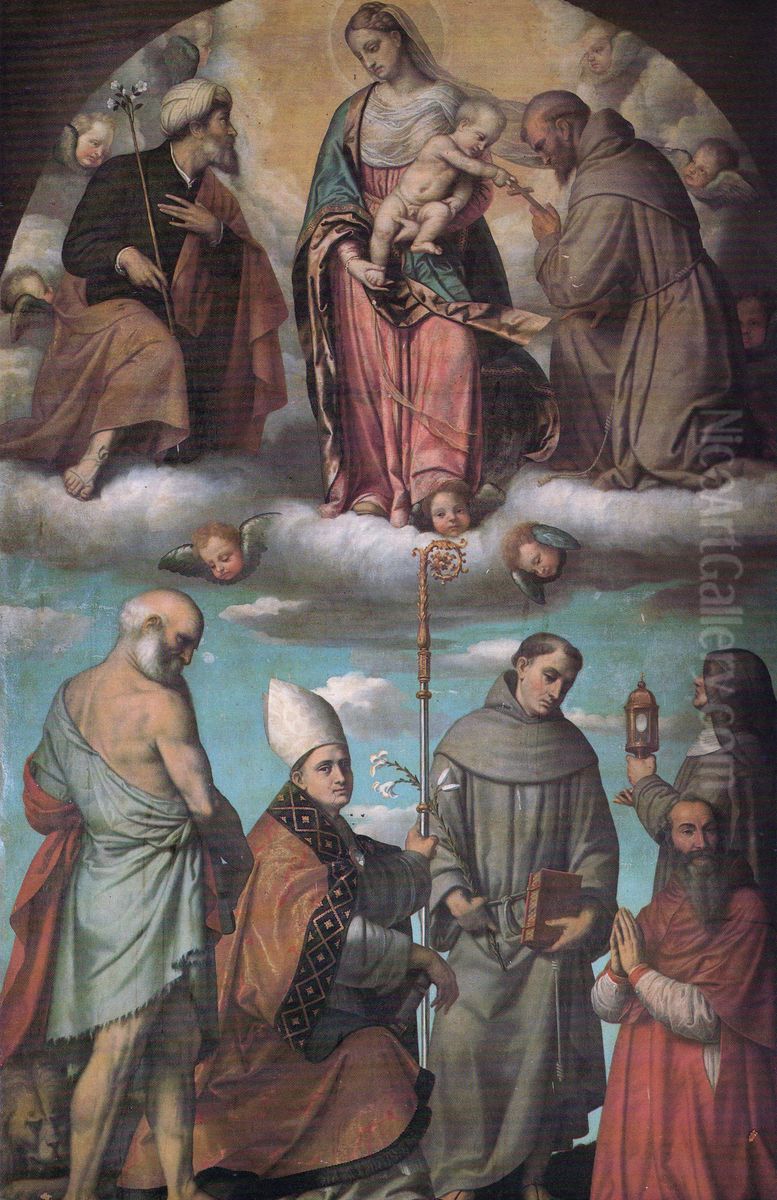 Madonna with Child in Glory with Saints Joseph and Francis Oil Painting by Alessandro Bonvicino (Moretto da Brescia)