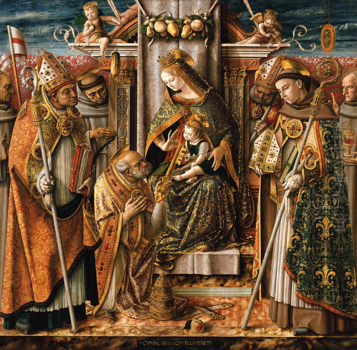 Enthroned Madonna with the child, the handing over of the keys to the Apostle Peter and saints Oil Painting by Carlo Crivelli