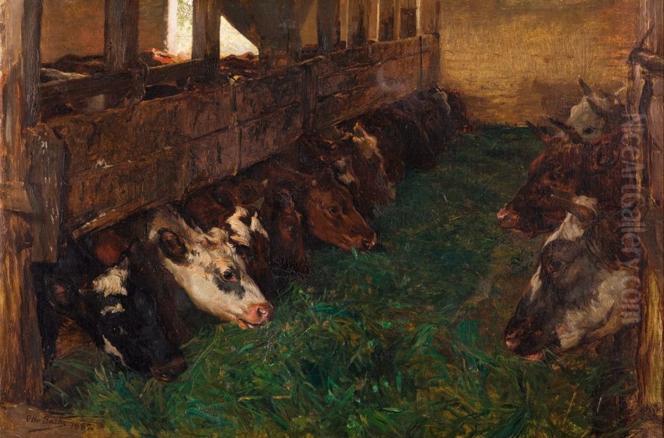 Young cattle enjoy green fodder in the barn Oil Painting by Otto Bache