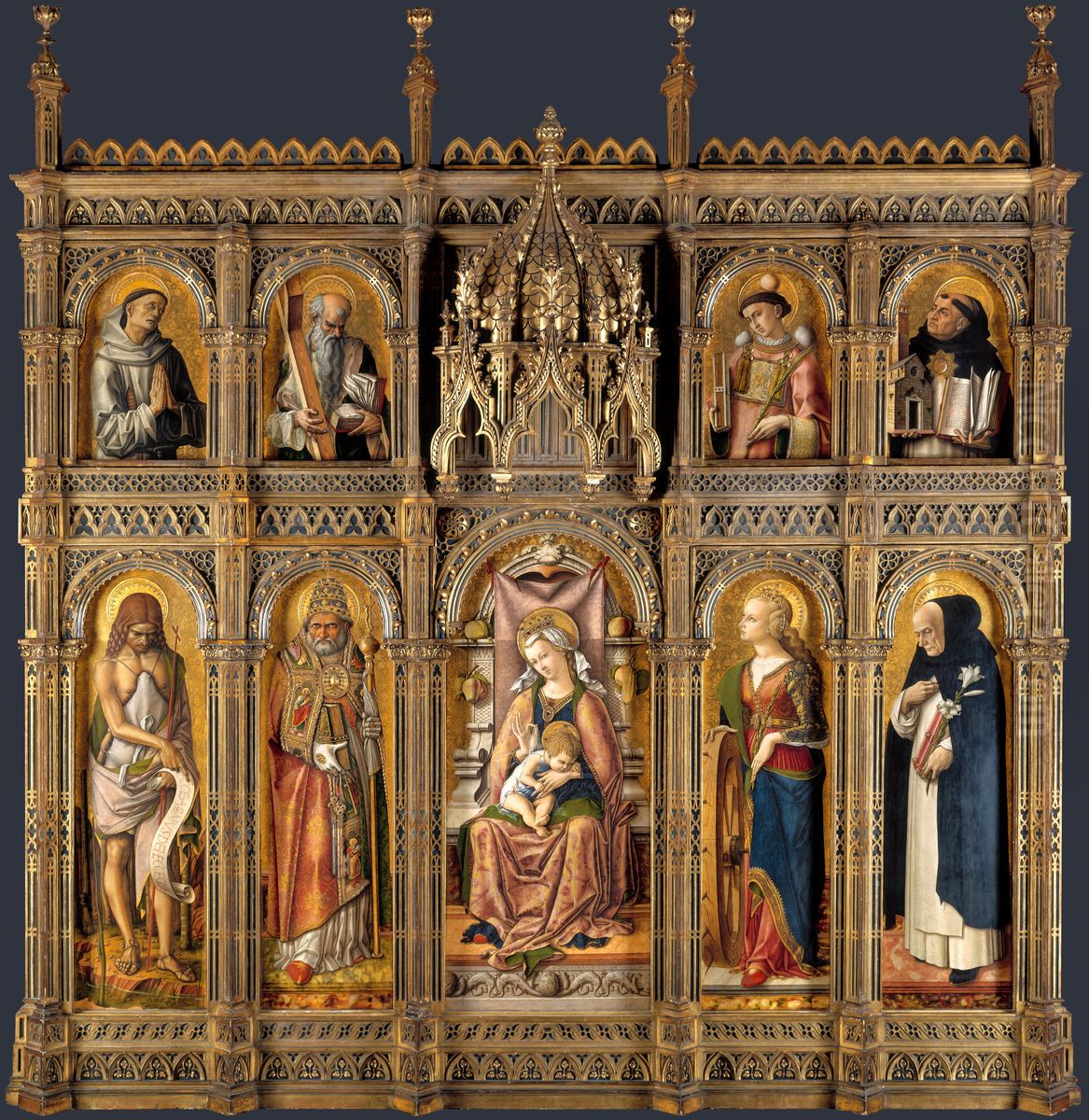 Altar von San Domenico in Ascoli, Polyptychon, Gesamtansicht, Mitteltafel: Thronende Madonna, linke und rechte Tafeln sowie oberes Register: Heilige Oil Painting by Carlo Crivelli