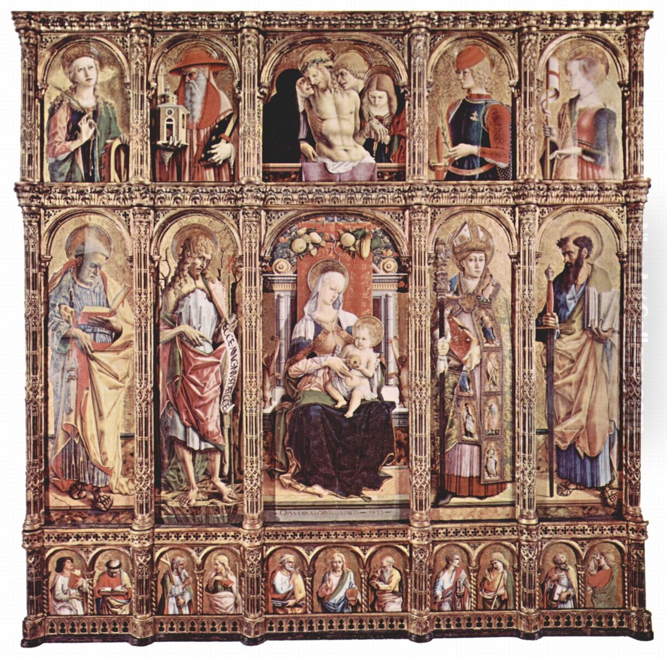 Hauptaltar des Domes von Ascoli, Polyptychon, Gesamtansicht, Mitteltafel: Thronende Madonna, linke und rechte Tafeln: Heilige, Predella: Apostel und Segnender Christus, Aufsatze: Heilige und Beweinung Christi Oil Painting by Carlo Crivelli