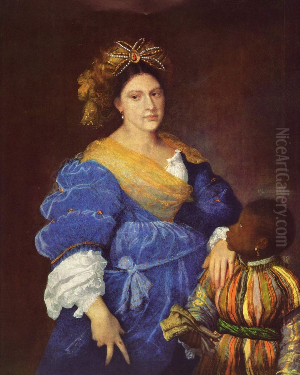 Portrait of Laura de' Dianti (c. 1500/5-1573) with a black page Oil Painting by Titian