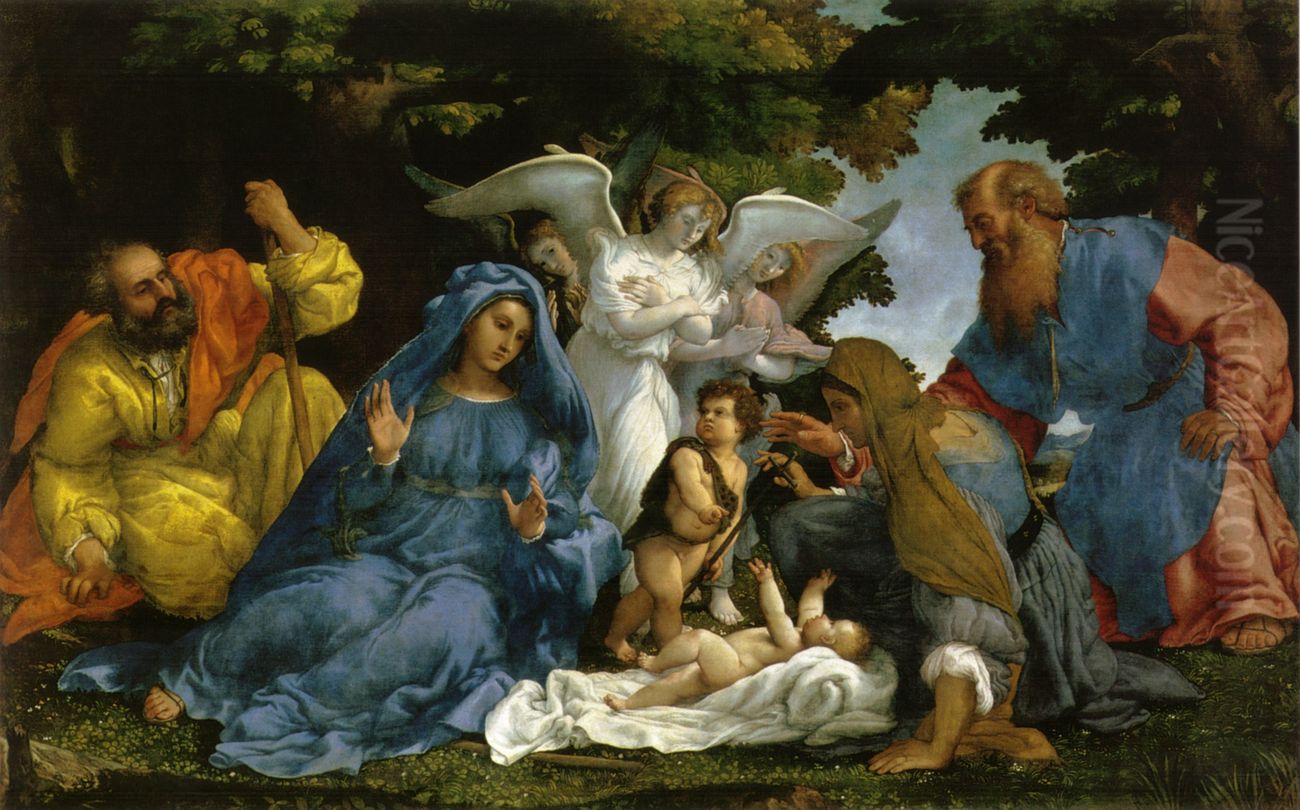 L'Adoration de l'Enfant Jesus avec la Vierge, saint Joseph, le petit saint Jean Baptiste, sainte Elisabeth, saint Zacharie et trois anges ou La Reconnaissance de la nature divine du Christ Oil Painting by Lorenzo Lotto
