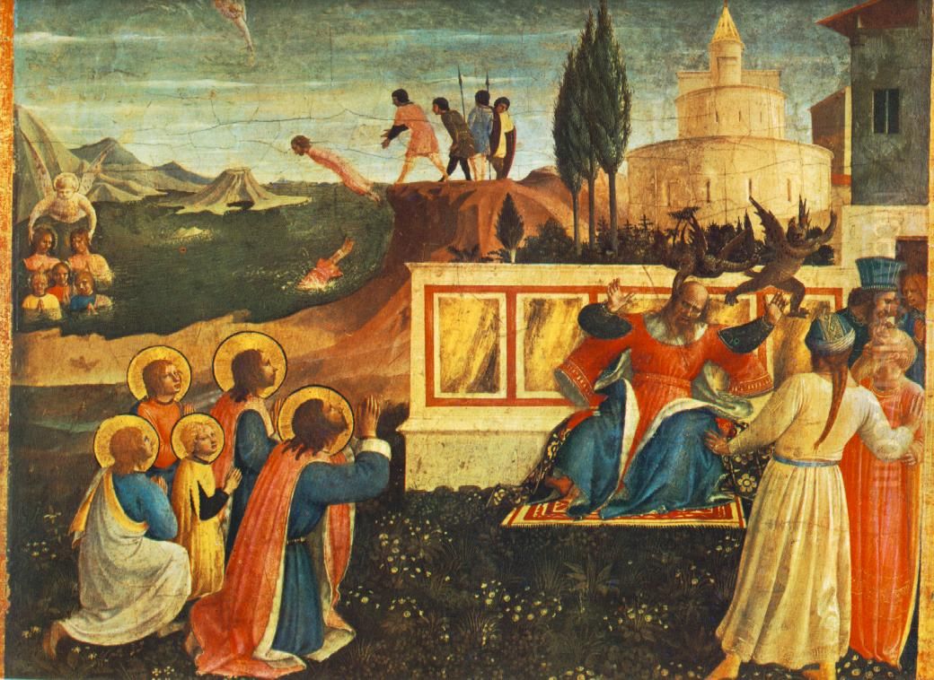 Die hll. Cosmas und Damian und ihre Bruder werden ins Meer gesturzt, von einem Engel errettet und befreien Lysias von Damonen Oil Painting by Fra Angelico