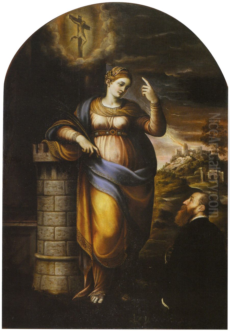 Saint Barbara and a devotee Oil Painting by Lattanzio Gambara