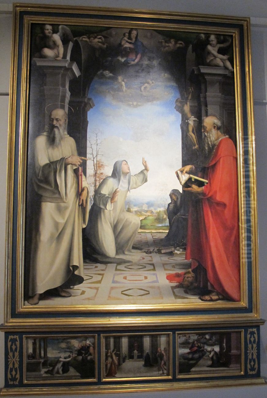 Saint Catherine of Siena receiving the stigmata between Saints Benedict and Jerome Oil Painting by Domenico Beccafumi