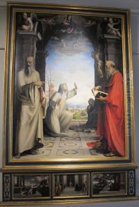 Saint Catherine of Siena receiving the stigmata between Saints Benedict and Jerome