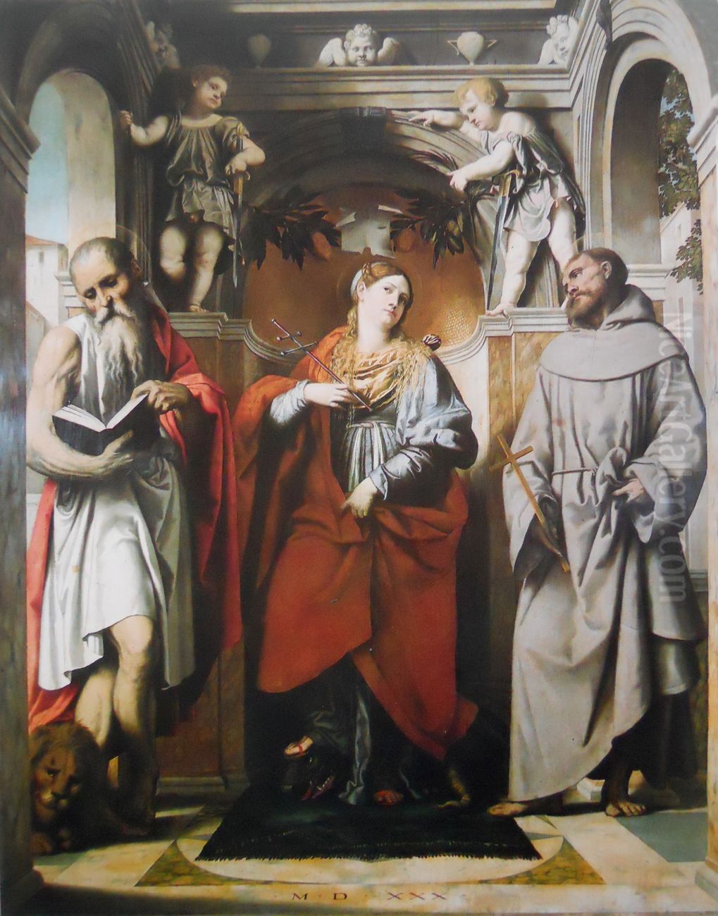 Saint Margaret of Antioch with Saints Jerome and Francis Oil Painting by Alessandro Bonvicino (Moretto da Brescia)