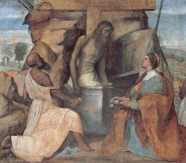 Saints Jerome and Dorothea adore Christ in the tomb Oil Painting by Alessandro Bonvicino (Moretto da Brescia)