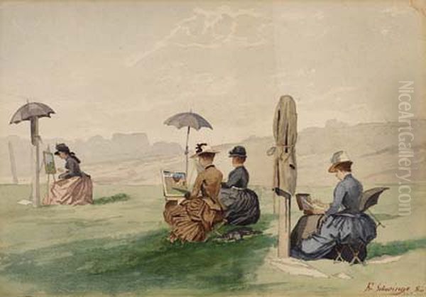 Malerinnen (Schwinges Schulerinnen) im Freien Oil Painting by Friedrich Schwinge