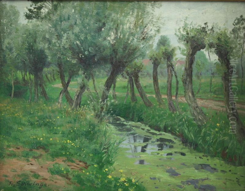 Pollard willows at the brook near Altenwerder Oil Painting by Friedrich Schwinge