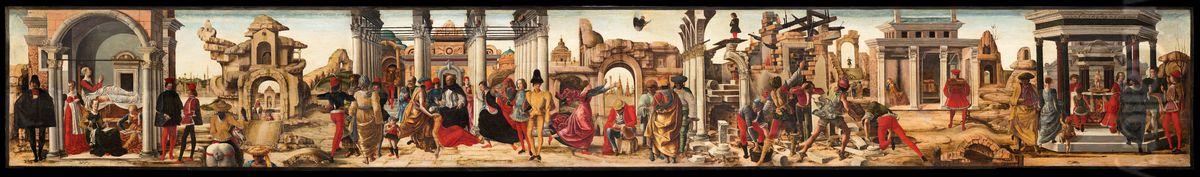 Griffoni-Altar, Predellatafel, Szene: Die Wundertaten des Hl. Vinzenz Ferrer Oil Painting by Ercole de' Roberti