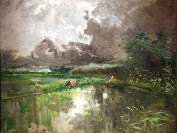 Thunderstorm in a Rice Field Oil Painting by Pompeo Mariani