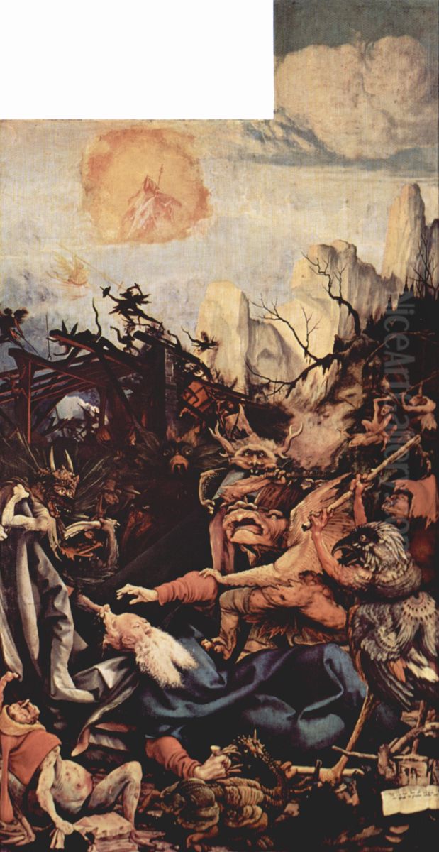 Isenheimer Altar, ehemals Hauptaltar des Antoniterklosters in Isenheim/Elsass, Festtagsseite, rechter Flugel: Die Versuchung Hl. Antonius Oil Painting by Matthias Grunewald