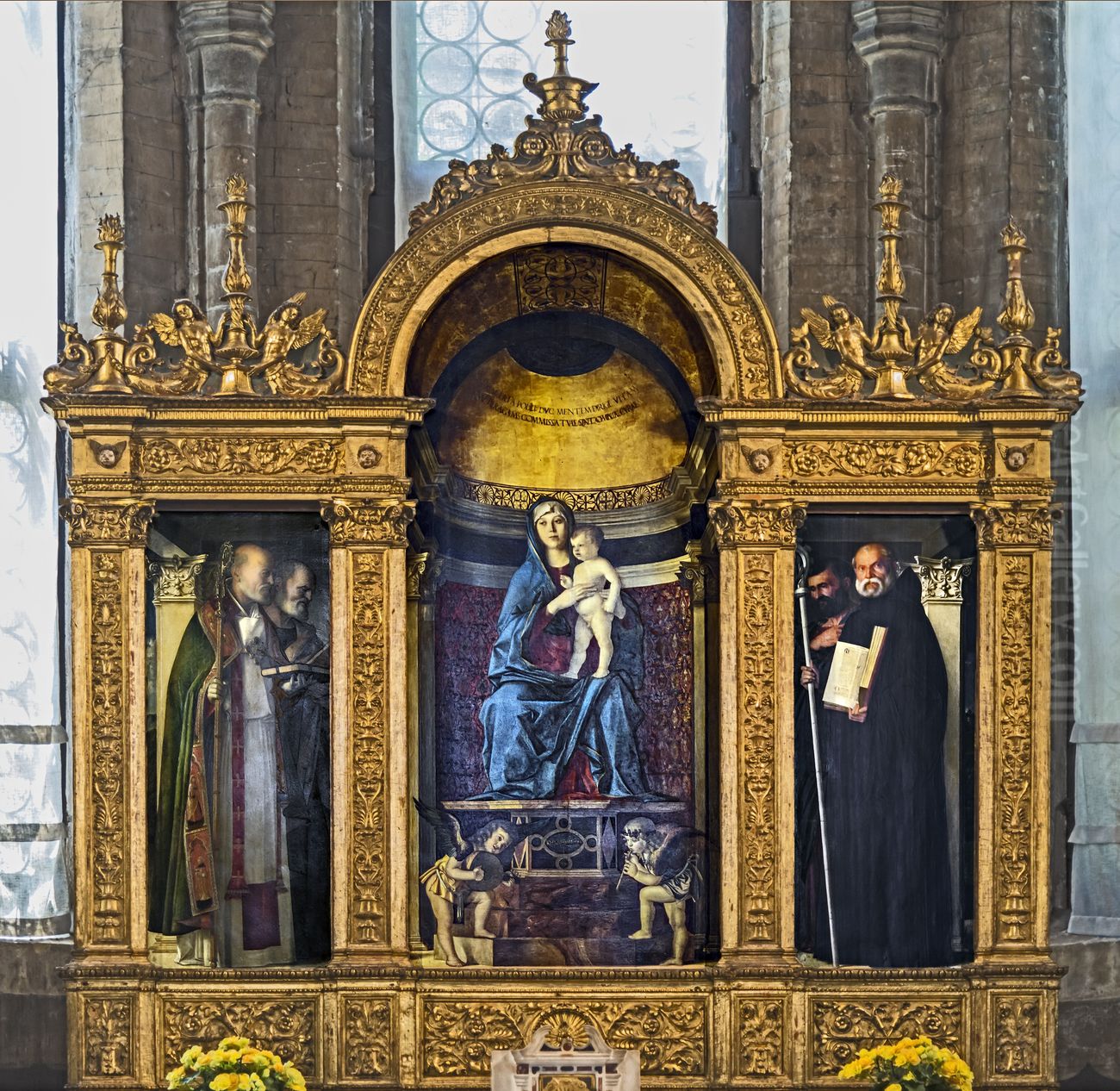 Madonna col BambinoconSan Nicola di Bari,Pietro apostolo,Benedetto da NorciaeMarco Evangelista Oil Painting by Giovanni Bellini