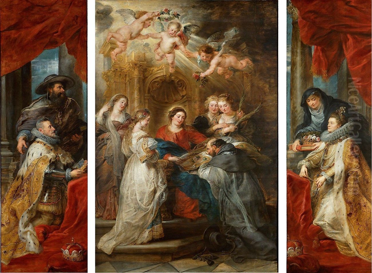 Ildefonso-Altar: Maria erscheint dem Hl. Ildefonso (Mittelteil), Erzherzog Albrecht der VII. (linker Innenflugel) bzw. Infantin Isabella Clara Eugenia (rechter Innenflugel), beide mit ihren Schutzpatronen Oil Painting by (studio of) Rubens, Peter Paul