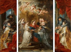 Ildefonso-Altar: Maria erscheint dem Hl. Ildefonso (Mittelteil), Erzherzog Albrecht der VII. (linker Innenflugel) bzw. Infantin Isabella Clara Eugenia (rechter Innenflugel), beide mit ihren Schutzpatronen