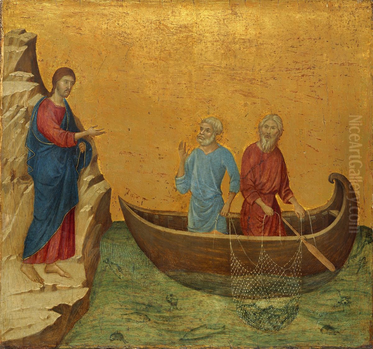 Maesta, Altarretabel des Sieneser Doms, Ruckseite, Predella mit Szenen zur Versuchung Christi und Wundertaten, Szene: Die Berufung der Apostel Petrus und Andreas Oil Painting by Duccio Di Buoninsegna